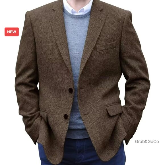 Vintage Herringbone Tweed Blazer Lightweight Sport Coat Classic Business Style